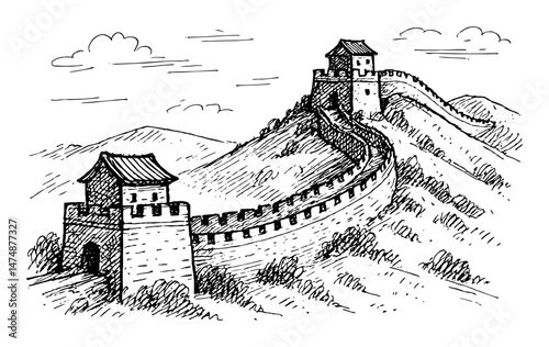 the great wall of china winding through mountains drawn in detailed engraved style