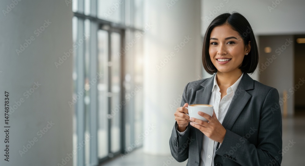 Professional woman holding a coffee cup in a modern office setting with sunlight Professional woman holding a coffee cup in a modern office setting with sunlight