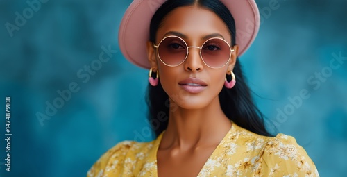 Portrait of a Woman Wearing Stylish Accessories in a Vibrant, Colorful Settin...