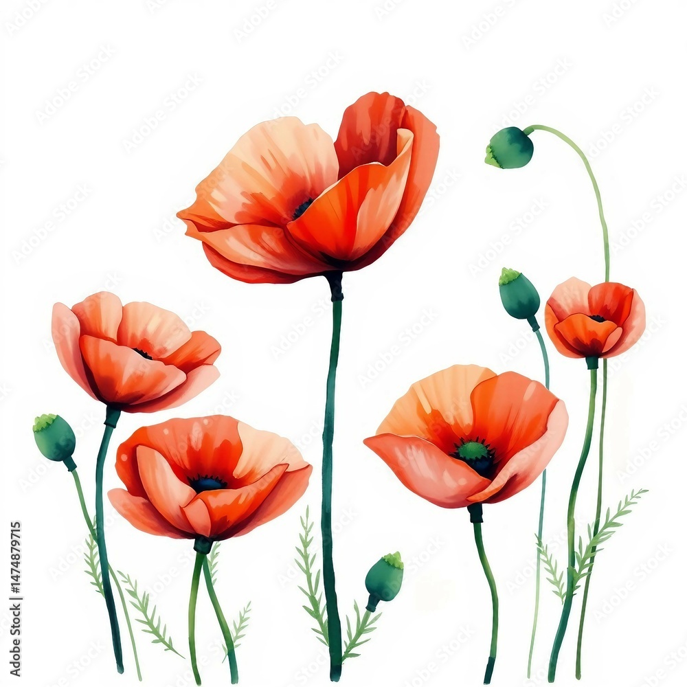 Fototapeta premium Lebendige Aquarellillustration von roten Mohnblumen mit zarten Details auf weißem Hintergrund. Leicht, sommerlich und poetisch.