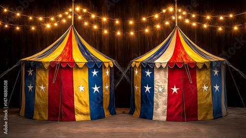 Vintage circus tents festive event retro stripes string lights dark background