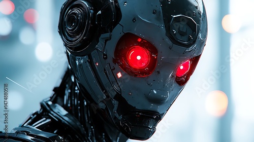 Close up of a dark robot with glowing red eyes looking down and to the left
