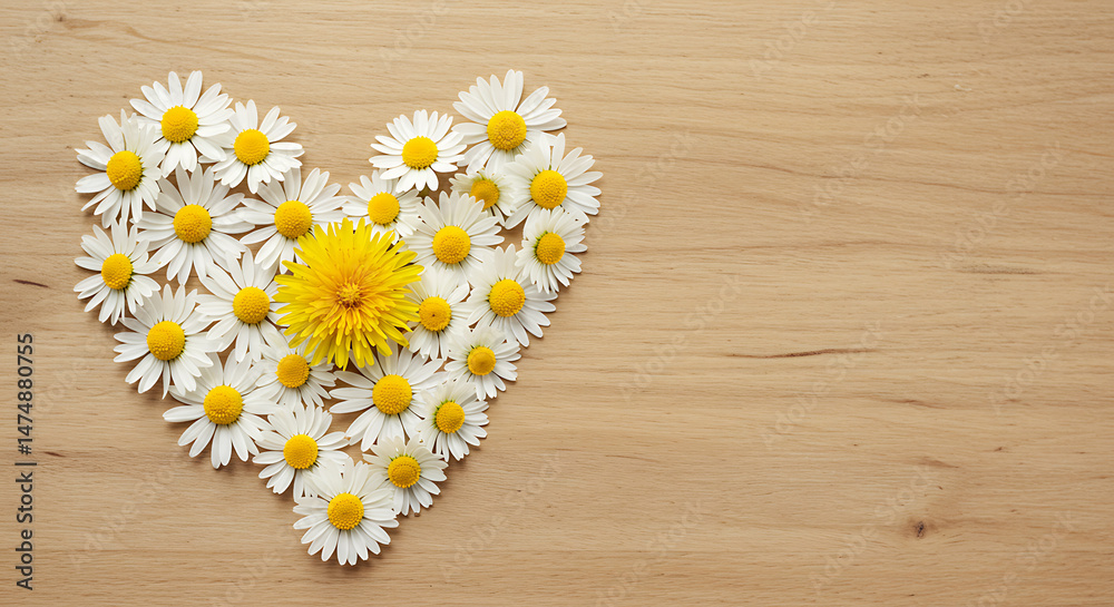 Obraz premium Delicate natural floral heart arrangement with a vibrant yellow dandelion center on a smooth light wooden background, concept for spring celebrations, romantic greeting cards and wellness promotions
