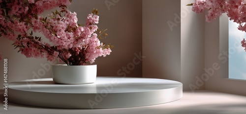 Elegant Floral Arrangement on a Minimalist Display Table in a Serene Indoor S...