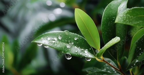 Close-up of Fresh Green Leaves With Water Droplets in a Lush Garden After a R...