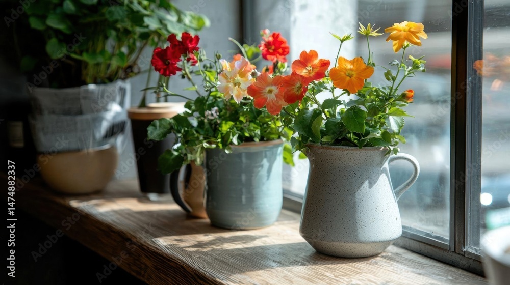 Window sill with three potted plants on it. Window sill with three potted plants on it.