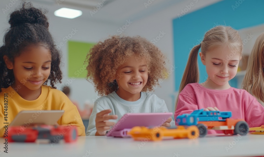 Fototapeta premium Happy diverse school children students group building robotic vehicle robot cars using tablet computer education software apps. Kids learning programming sit at table at STEM coding engineering