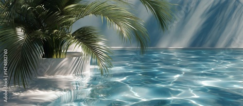 Serene Blue Water With Palm Leaves Reflecting Sunlight in a Tranquil Setting