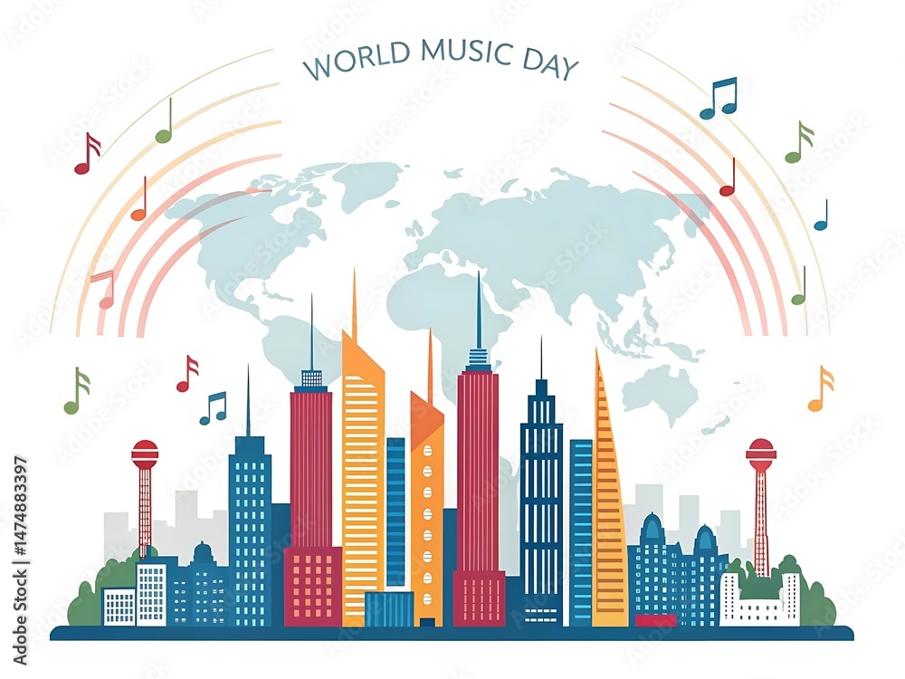 Fototapeta premium illustration of a city skyline with sound waves rising above, symbolizing World Music Day, clean and modern design on white background