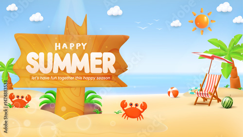 Vibrant Summer Beach Illustration with Fun Characters and Tropical Scenery