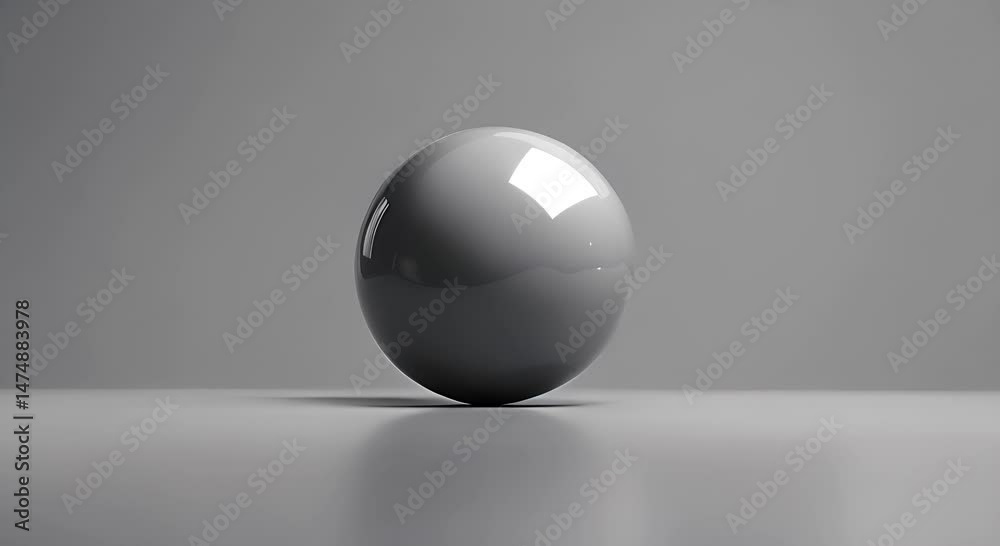 Black ball is sitting on a grey surface The ball is round and has a shiny surface 4K