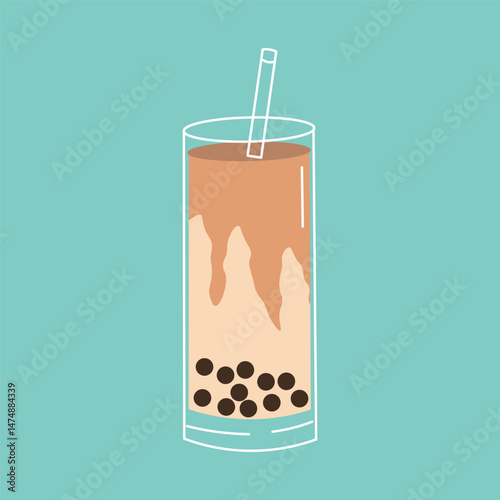 Flat style illustration of a tall glass of brown sugar bubble tea with tapioca pearls and a straw, ideal for beverage-related projects, cafe branding, and modern drink-themed designs.