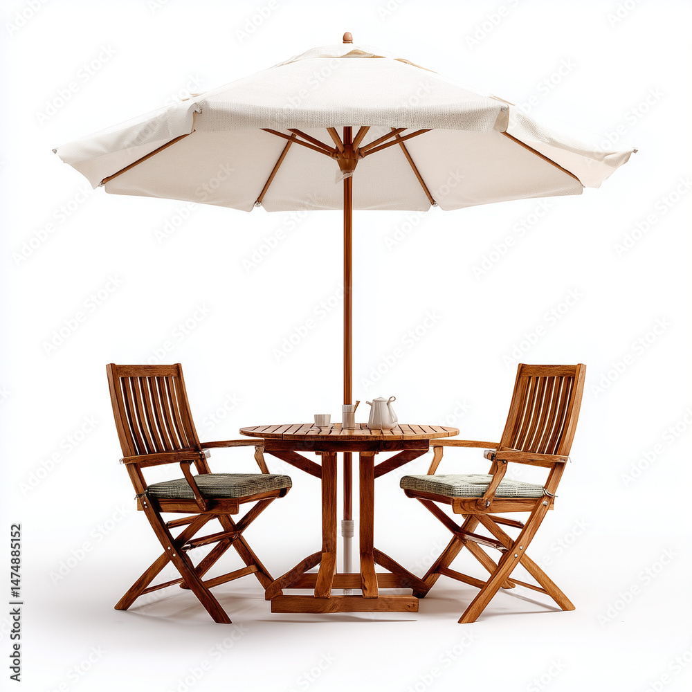 photograph of a Wooden table and chairs underneath a large parasol umbrella on a white background photograph of a Wooden table and chairs underneath a large parasol umbrella on a white background