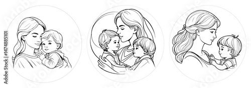 Black and white drawing, made in realistic pencil style, a mother holds a child in her arms, their faces touching each other, conveying boundless love and tenderness. For decorating children's rooms