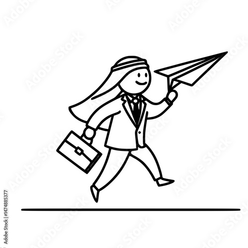 arab businessman walking with paper airplane and briefcase, one line outline vector