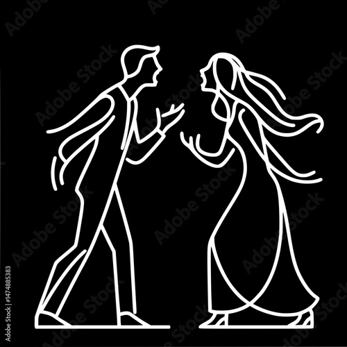 Couples expressing emotions in a confrontation against a dark background, single line contour vector  