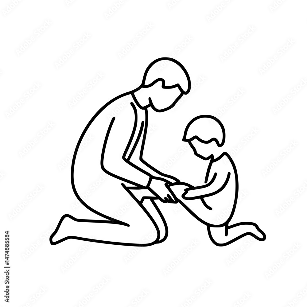 Fototapeta premium Father examines child's bruised leg, vector outline of one line