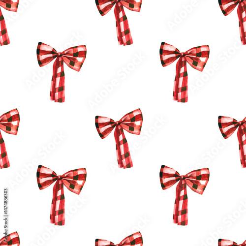 Watercolor hand drawn seamless pattern with checkered red bows