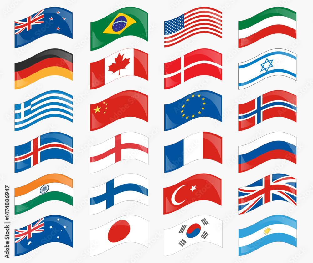 Wavy flags set - soccer country Vector flags.