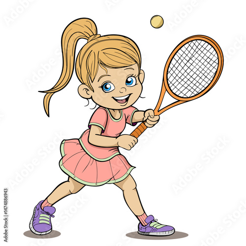 Obraz na płótnie blond happy cute kid girl play tennis w salonie