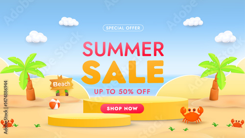 Summer Sale Advertisement With Beach Elements and Discount Offer