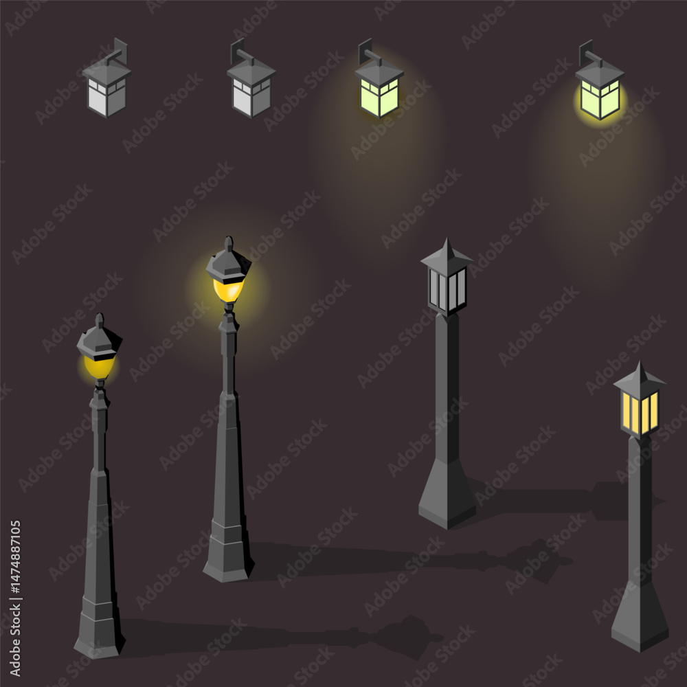 Set of light lamp pillar. Isometric street light. Light pillar icon. Isometric outdoor lighting. with or without light dark background
