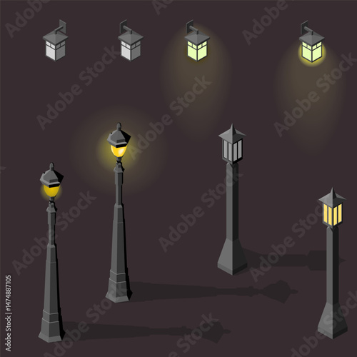 Set of light lamp pillar. Isometric street light. Light pillar icon. Isometric outdoor lighting. with or without light dark background