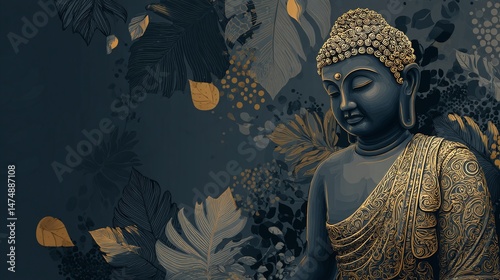 Meditative Buddha: Serene figure amidst abstract foliage. Golden accents highlight the peaceful expression, promoting tranquility and enlightenment.