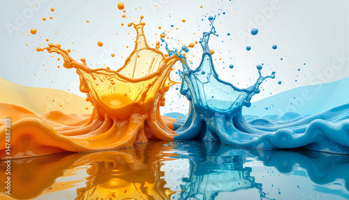 Colorful splashes of orange and blue paint creating dynamic ripples  