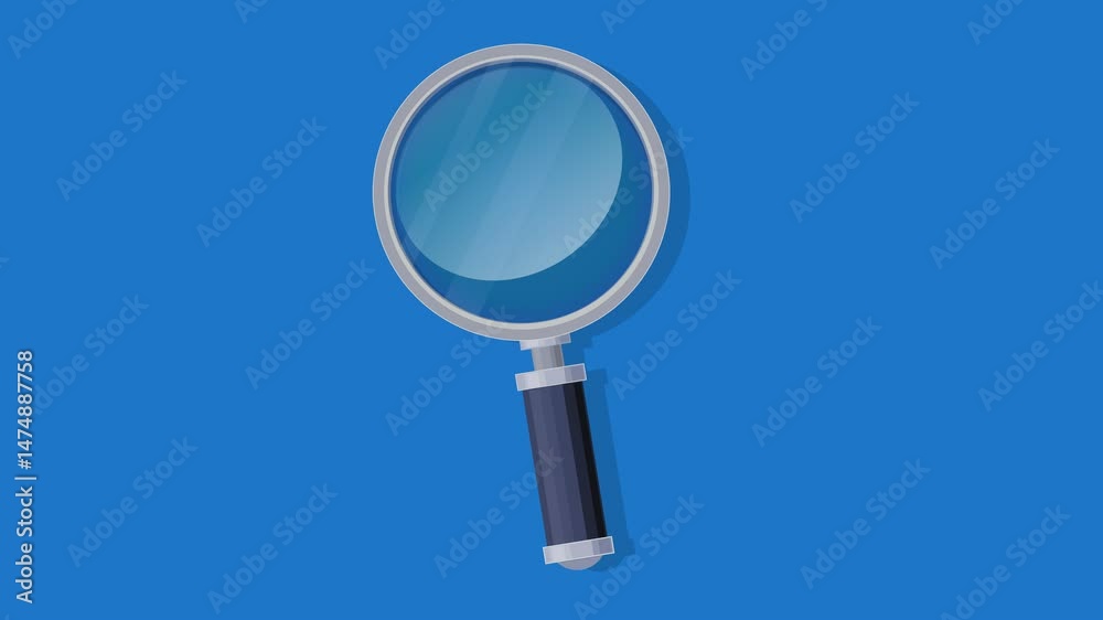 Appearance from the bottom of a magnifying glass with left and right search, then disappearing backwards on a blue background in flat design style