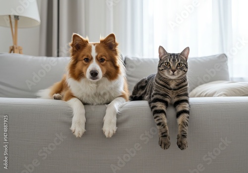Content pets casually resting on gray couch