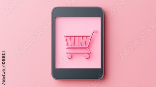 E-commerce shopping cart icon on digital device modern workspace graphic design minimalist environment top-down view digital marketing strategy