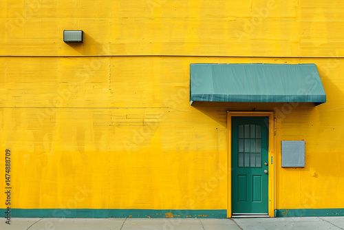 a yellow building with a green awning and a green door