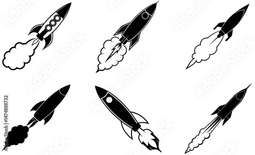 Black Rocket Icons Set, Vector Illustration of Rockets with Smoke Trails