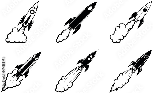 Black Rocket Icons Set, Vector Illustration of Rockets with Smoke Trails