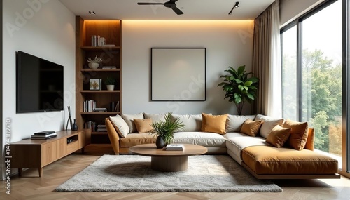 Stylish living room interior with modern furniture and decor, warm lighting , house, texture, real estate