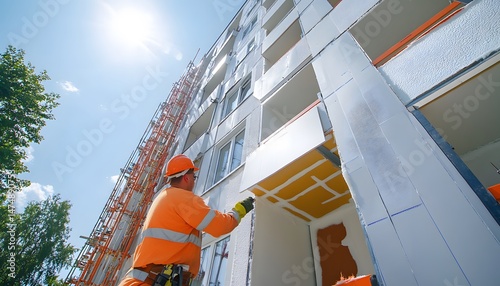 Exterior building renovation work on a multi-story structure.