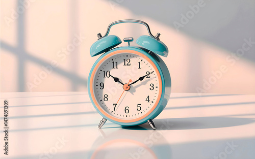 Analogical and vintage alarm clock in turquoise blue with peach details on a white background