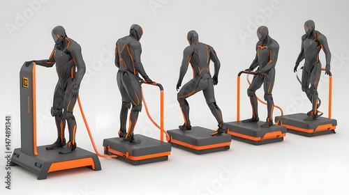 identical humanoid robots charging in docking station
