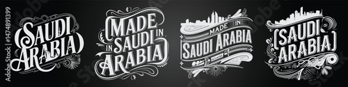 Saudi Arabia, Riyadh, Mecca, Arabian Desert Typography Set Featuring Chalk Blackboard and Geography Data Elements