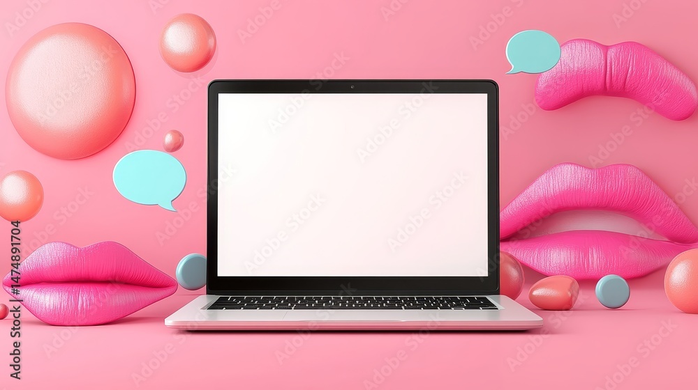 Laptop with Blank White Screen Surrounded by Polygon Lips and Colorful Speech Bubbles on Pink Background Concept of Creative Online Communication, Digital Dialogue, and Interactive Messaging Laptop with Blank White Screen Surrounded by Polygon Lips and Colorful Speech Bubbles on Pink Background Concept of Creative Online Communication, Digital Dialogue, and Interactive Messaging