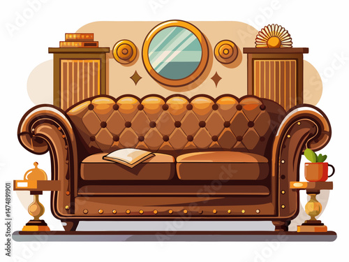 A luxurious brown chesterfield couch in flat design with shadow and detail. White background, stylish antique decor