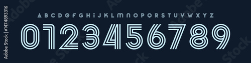 Outline deco typography, striped monoline font, modern linear alphabet, retro logo typeface, geometric artstyle numbers, boutique fashion branding, editorial headline letters. Vector typeset.