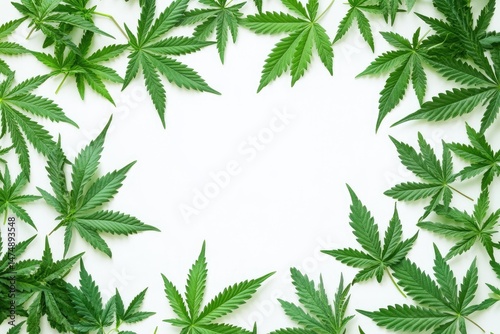 Fresh marijuana leaves arranged in a frame on a white background