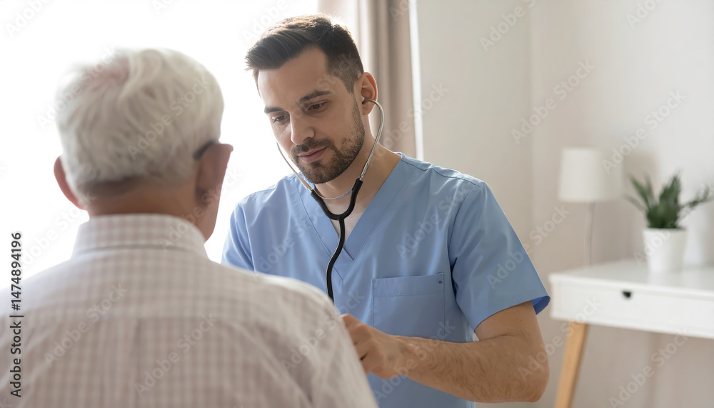Fototapeta premium Young Male Doctor Examining Senior Patient with Stethoscope