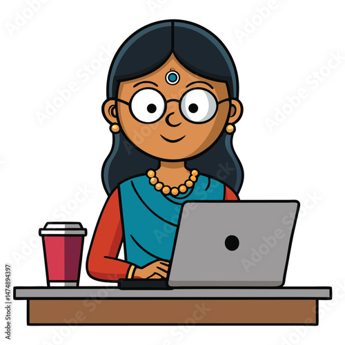 Indian woman working on laptop at desk with plants, modern remote work and digital lifestyle illustration