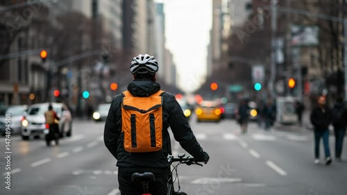 Wallpaper Mural A Young Male Cyclist Wearing a Helmet and Orange Backpack Awaits Traffic Signals on a Bustling City Street Filled with Cars and Pedestrians Torontodigital.ca