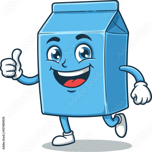 Happy Milk Carton Cartoon Character Running and Giving Thumbs Up