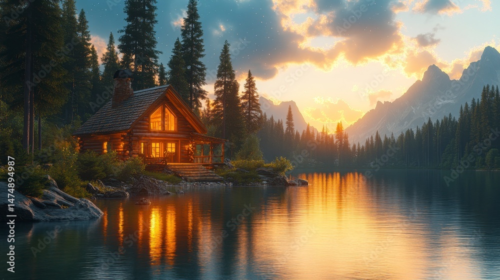 Fototapeta premium Lakeside cabin glows warmly at sunset, surrounded by forest and mountains