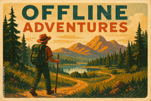 Offline adventures classic hiking poster, traveler with backpack viewing lake, mountains at sunset
